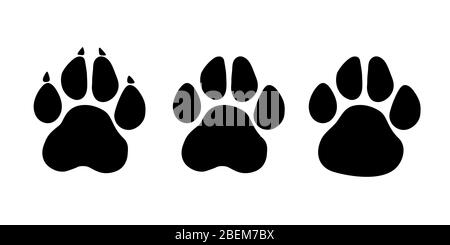 Pfote Druckset. Pfote Fußpfad-Print von Tier. Hund, Katze, Bär, Welpe Silhouette. Sammlung von Pfotendrucken. Verschiedene Tierpfote - Stock Vektor. Stock Vektor