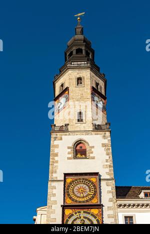 Altes Rathaus Turm mit Mondphasenuhr, Görlitz (Görlitz), Deutschland Stockfoto