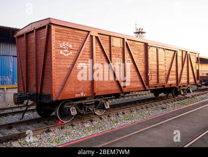 Woronesch, Russland - 29. August 2019: Holzwagen, Retro-Ausstellung von Eisenbahnausrüstung, Woronesch Stockfoto