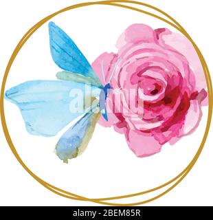 Schmetterling auf rosa Rose innerhalb der Kreise Aquarell Logo Vektor Stock Vektor