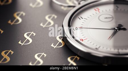 Uhr auf schwarzem Hintergrund mit goldenen Dollar-Symbolen. Zeit ist Geld Konzept. 3D-Darstellung. Stockfoto