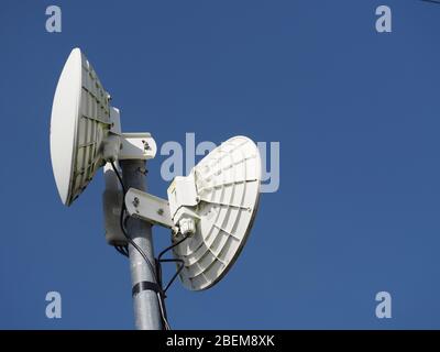 Antennen/Router des ländlichen Breitband-Wireless-Internetdienstes. Schalen für Backhaul zu Masten auf dem Netzwerk-Backbone, aufrechte Antennen für lokale Räumlichkeiten. Stockfoto