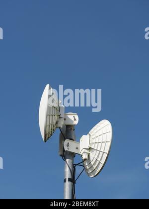 Antennen/Router des ländlichen Breitband-Wireless-Internetdienstes. Schalen für Backhaul zu Masten auf dem Netzwerk-Backbone, aufrechte Antennen für lokale Räumlichkeiten. Stockfoto