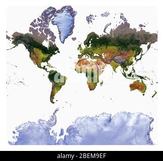 Weltkarte mit Landbedeckung und schattiertem Relief mit einem natürlichen Stil und einer Reliefschattierung der Ozeane. Mercator-Projektion. Stockfoto