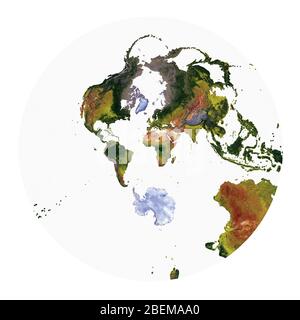 Weltkarte mit Landbedeckung und schattiertem Relief mit einem natürlichen Stil und einer Reliefschattierung der Ozeane. Stereographische Projektion. Stockfoto