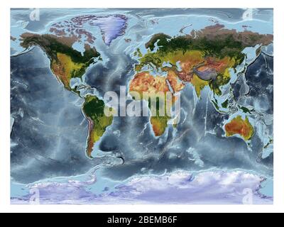 Weltkarte mit Landbedeckung und schattiertem Relief mit einem natürlichen Stil und einer Reliefschattierung der Ozeane. Gall stereographische Projektion. Stockfoto