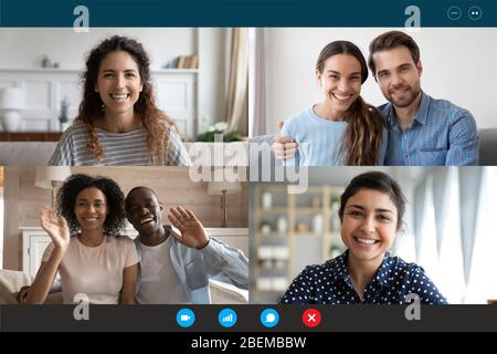 Laptop-Bildschirm-Ansicht vier multiethnische Familien, die entfernt durch Videokonferenz kontaktieren Stockfoto