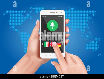 Hände mit einem Smartfon und einem sprachaktivierten Übersetzer. Fremdsprachen lernen. Stock Vektor
