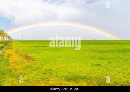 Jolanda di Savoia, Italien. 14 April 2020. Regenbogen nach einem Sturm in Jolanda di Savoia, Italien. Kredit: Filippo Rubin / Alamy Stockfoto