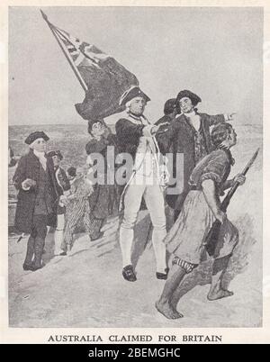 Vintage Zeichnung von Captain Cook Landung in Australien im Jahr 1770 mit der britischen Flagge und Namensgebung New South Wales. Stockfoto
