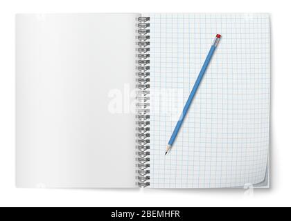 Realistische Vektor offene horozontale Spirale Notizblock und blauen Bleistift. Stock Vektor