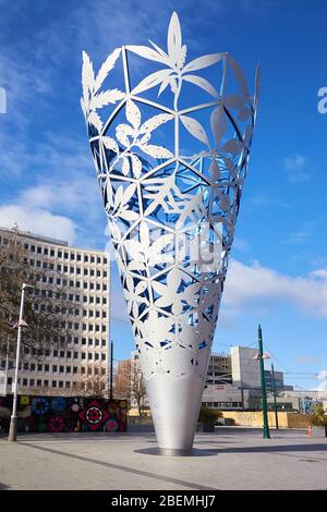 Christchurch, Neuseeland - 11. Jun 2017: Der Kelchskulptur-Kathedralplatz Christchurch Neuseeland Stockfoto