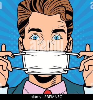 Mann mit Gesichtsmaske fot covid19 Pop-Art-Stil Stock Vektor