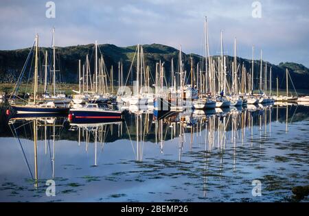 Segelboote & Yachten in Ardfern Yacht Center Marina mit schönen Reflexen in ruhigen Gewässern von Loch Craignish, Lochgilphead, Schottland, Großbritannien Stockfoto