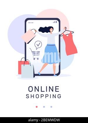 Frau mit Paketen und Inschrift Online-Shopping Vektor-Illustration Stock Vektor