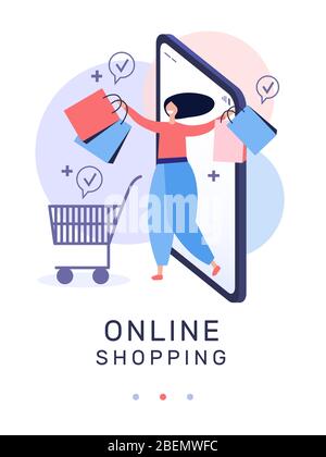 Frau mit Paketen und Inschrift Online-Shopping Vektor-Illustration Stock Vektor