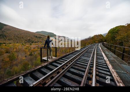 Verlassene Eisenbahn Trestle hoch über New england Herbstwald Stockfoto