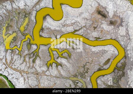 Luftaufnahme von Strange Green Waterways im Marschland der SF Bay Stockfoto