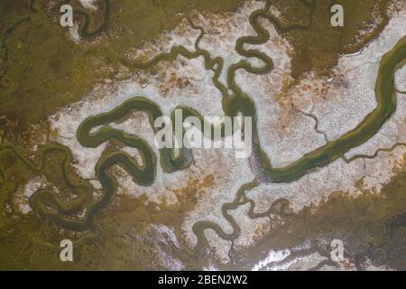 Luftaufnahme von Strange Green Waterways im Marschland der SF Bay Stockfoto