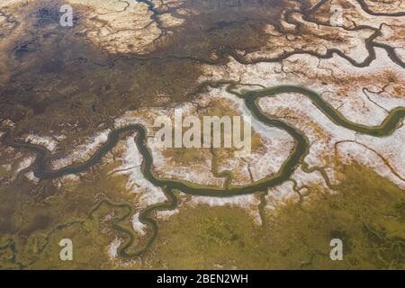 Luftaufnahme von Strange Green Waterways im Marschland der SF Bay Stockfoto