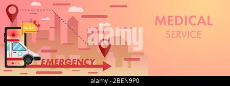 Konzept 24 Stunden medizinische Service Vektor-Illustration. Notarztwagen auf rotem Pfeil durch Smartphone mit City-Hintergrund laufen. Stock Vektor