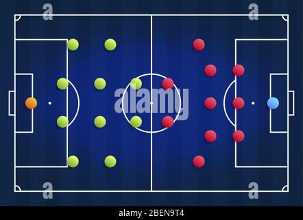 Ein blauer Cyber-Fußballplatz mit einem taktischen Schema der Anordnung der Spieler von zwei Fußballmannschaften auf dem Brett, Organisation eines Spieldiagramms für Stock Vektor