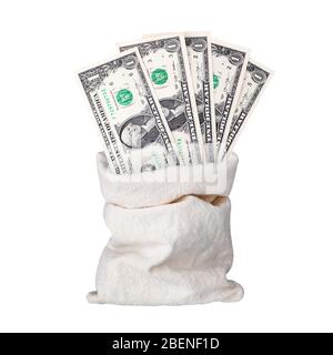 Eine US-Dollar-Banknote in einem Sackleinen auf weißem Hintergrund isoliert aus nächster Nähe, 1 amerikanischer Dollar-Geldschein-Fan in Beuteln, Leinentasche voller gebrannter Bargeld Stockfoto
