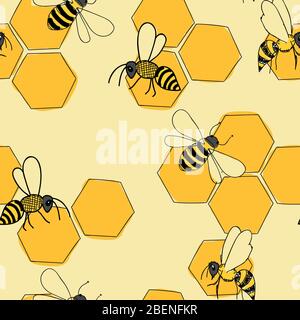 Busy Bees auf Waben, nahtlose Vektor wiederholen Muster Oberflächengestaltung Stock Vektor