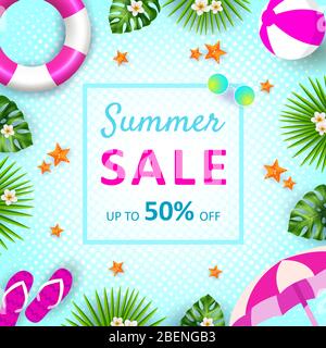 Sommer Sale Banner, heiße Saison Rabatt Poster mit tropischen Blättern, Eis, Wassermelone und Sonnenbrille. Einladung zum Einkaufen mit 50 Prozent Rabatt Stock Vektor