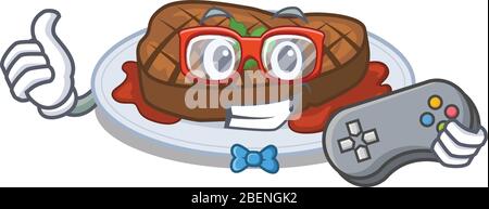 Maskottchen Design-Konzept der gegrillten Steak Gamer mit Controller Stock Vektor