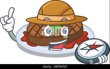 Maskottchen Design Konzept der gegrillten Steak Explorer mit einem Kompass Stock Vektor