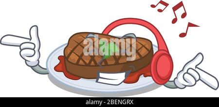 Gegrilltes Steak Cartoon Design Konzept Musik hören Stock Vektor