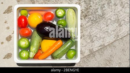 Waschen von Obst und Gemüse in Seifenwasser zur Desinfektion von Coronavirus. Stockfoto