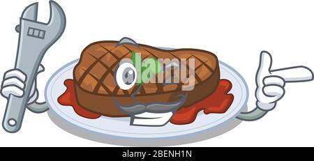Ein Bild von gegrilltem Steak Mechaniker Maskottchen Design-Konzept Stock Vektor
