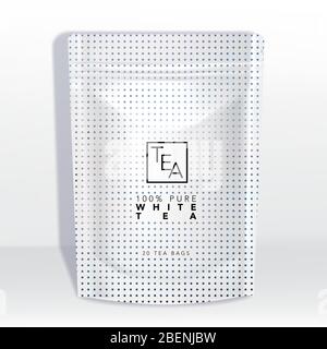 Vector White Pouch oder Sachet Mockup mit Holographischem Punkt-Muster gedruckt Stock Vektor