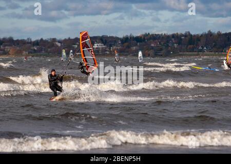 Tallinn, Estland - 18. Oktober 2008: Kitesurfer reiten entlang der Wellen des Meeres und halten sich am Seil vom Segel. Bewölkt und windig. Viele Winde Stockfoto