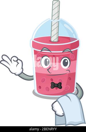 Eine Karikatur Charakter der Erdbeer Blase Tee Kellner arbeitet im Restaurant Stock Vektor