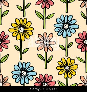 Bunte Hand gezeichnet Filz Spitze Stift Gänseblümchen mit Stielen und Blättern Floral Vektor Nahtloses Muster Stock Vektor