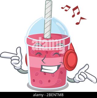 Erdbeer Blase Tee Cartoon Design Konzept Musik hören Stock Vektor