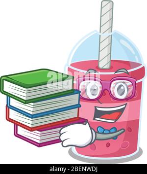 Ein fleißiger Student in Erdbeer Blase Tee Maskottchen Design-Konzept mit Büchern Stock Vektor