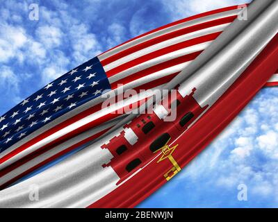 Flagge von Amerika mit Gibraltar Flagge auf Himmel Hintergrund Stockfoto