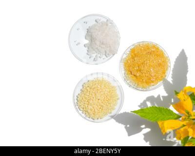 Spa-Produkte sind wunderschön auf einem weißen Tisch angeordnet. Meersalz, Carnauba Wachs, Candelilla Wachs SP-75 Stockfoto