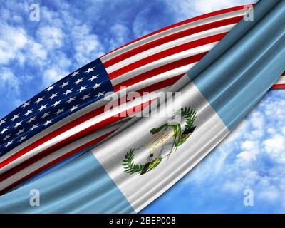 Flagge von Amerika mit Guatemala Flagge auf Himmel Hintergrund Stockfoto