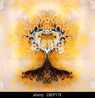 Baum des Lebens Symbol auf strukturierte Zierpflanzen Hintergrund, yggdrasil. Stockfoto