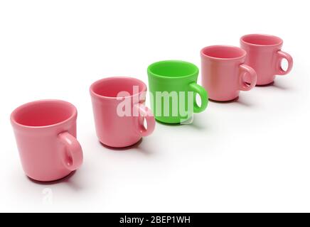 Eine einzelne grüne Tasse mit anderen roten Tassen isoliert auf weißem Hintergrund. Geschäftskonzept. 3d-Rendering Stockfoto