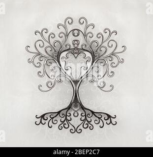 Baum des Lebens Symbol auf strukturierte Zierpflanzen Hintergrund, yggdrasil. Stockfoto