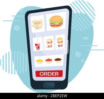 Bestellen Sie Lebensmittel zu Hause in der mobilen App. Lieferung von Lebensmitteln nach Hause. Stock Vektor