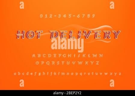 Hot Delivery Food Service Thema Alphabet Schriftart mit Großbuchstaben Kleinbuchstaben und Zahlen auf bunten orangefarbenen Hintergrund gesetzt Stock Vektor