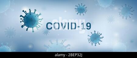 Virus-Partikel auf weißem blauen Banner mit COVID-19 Text Stock Vektor