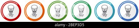 Hack Icon Set, Virus, Circuit, Skull, Hacker Flat Design Vector Illustration in 6 Farben Optionen für Webdesign und mobile Anwendungen Stock Vektor